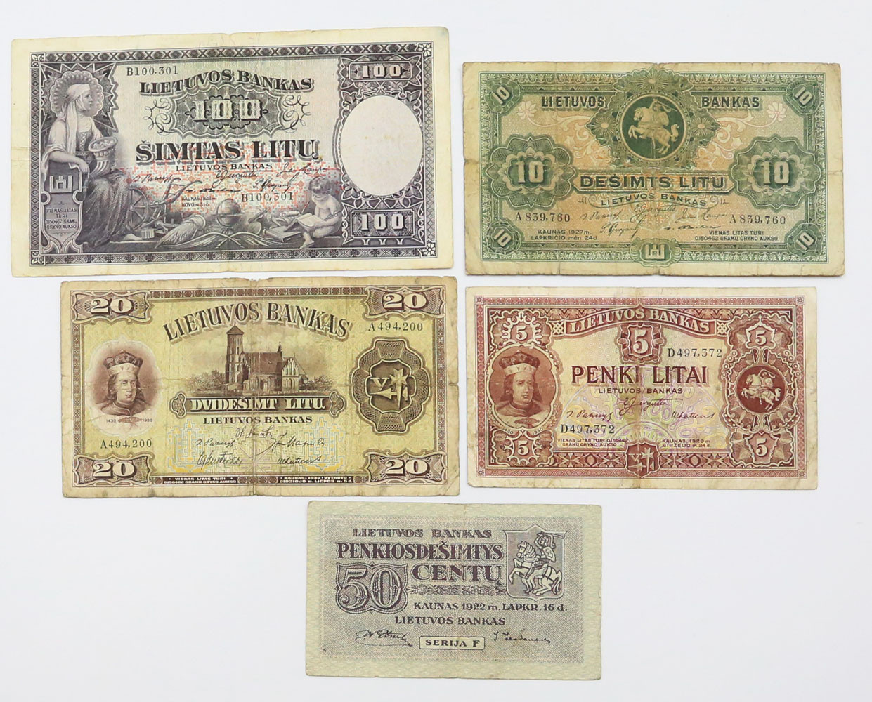 Litwa. 50 centu - 100 litu 1922-1930, zestaw 5 banknotów